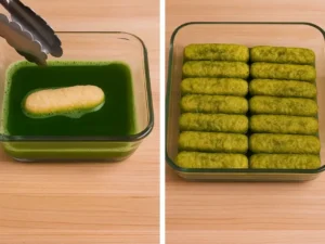 Ladyfinger dipped in matcha soak and arranged in dish