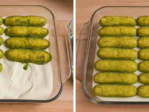 Matcha-soaked ladyfingers placed over mascarpone cream