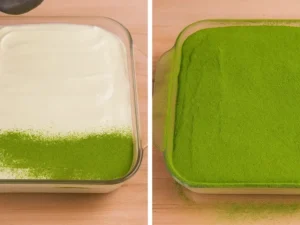 Matcha powder being dusted over tiramisu top layer