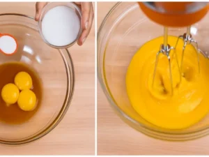Egg yolks with sugar and marsala being combined in a glass bowl