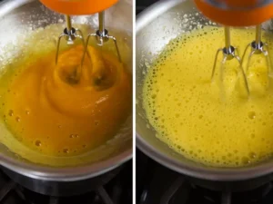Egg mixture being whisked over double boiler using electric mixer