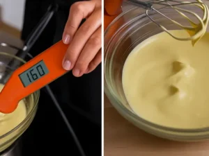 Digital thermometer reading 160°F inserted into custard mixture