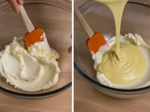 Mascarpone cheese being softened and combined with egg mixture
