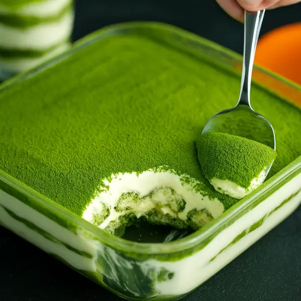 Spoon scooping matcha tiramisu with layers visible