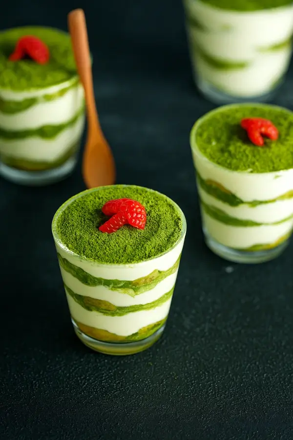 Glass cups filled with layered matcha tiramisu and raspberry garnish