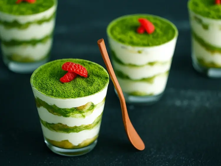 Multiple glass servings of matcha tiramisu with red berry garnish