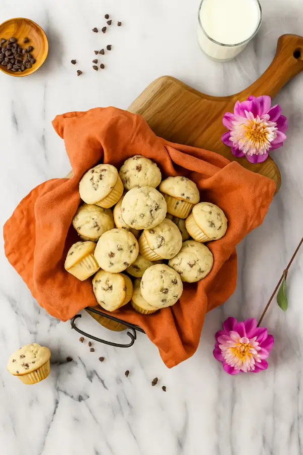 Basket of fresh-baked mini muffins lined with an orange cloth