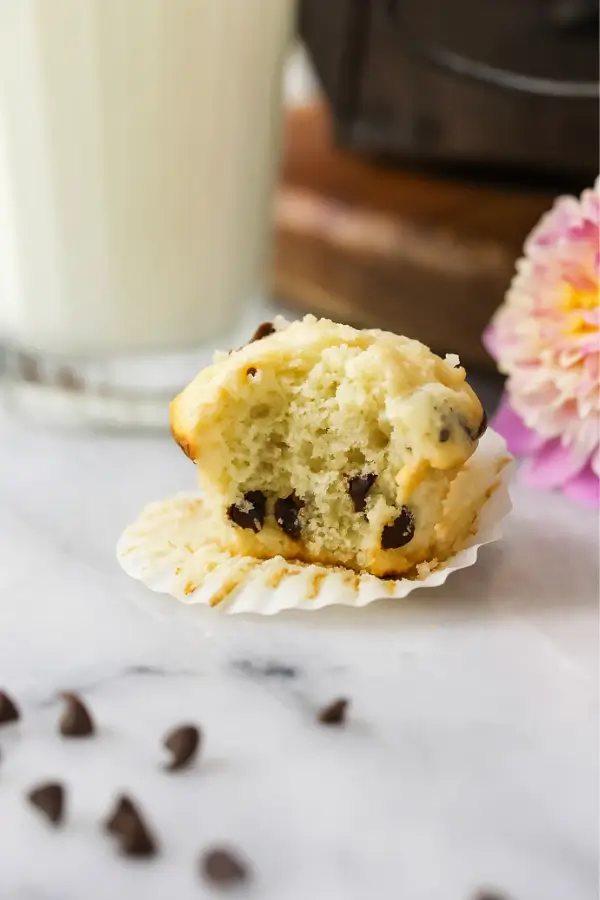 Inside view of a soft mini muffin with chocolate chips