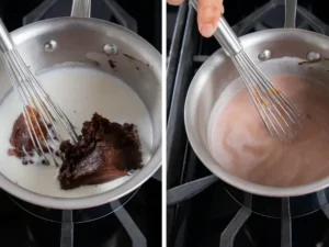 Whisking red bean paste into milk until fully blended into a pinkish base