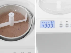 Ice cream base churning in machine with temperature and timer display