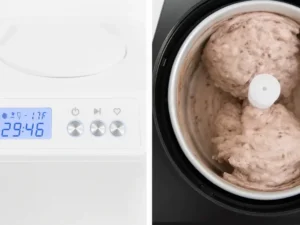 Red bean ice cream nearly finished churning inside ice cream maker
