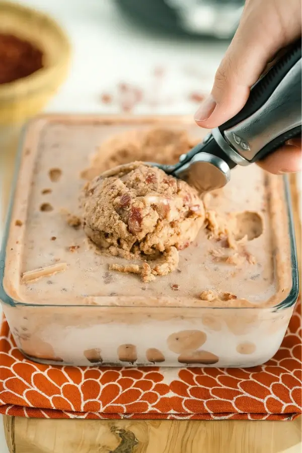 Close-up scoop of red bean ice cream showing bean texture