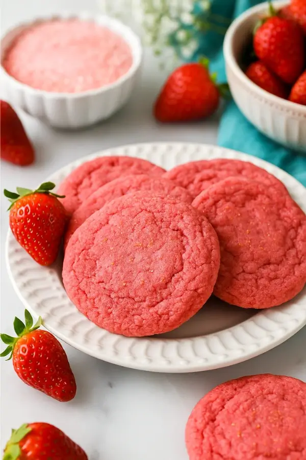 Strawberry sugar cookies stacked on a white plate with fresh strawberries around