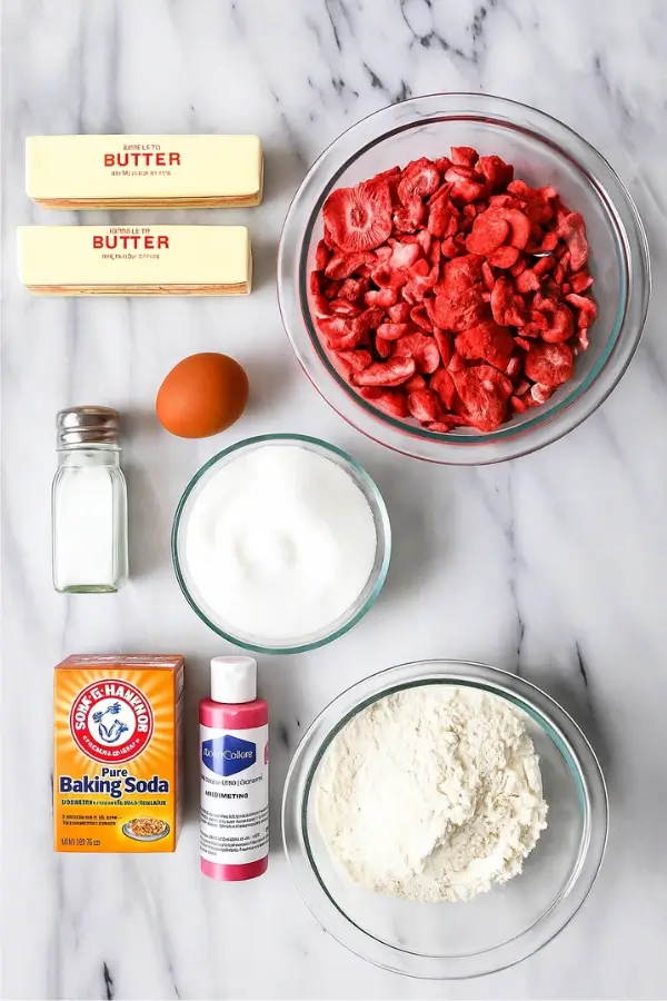 Ingredients for strawberry sugar cookies on a marble surface.