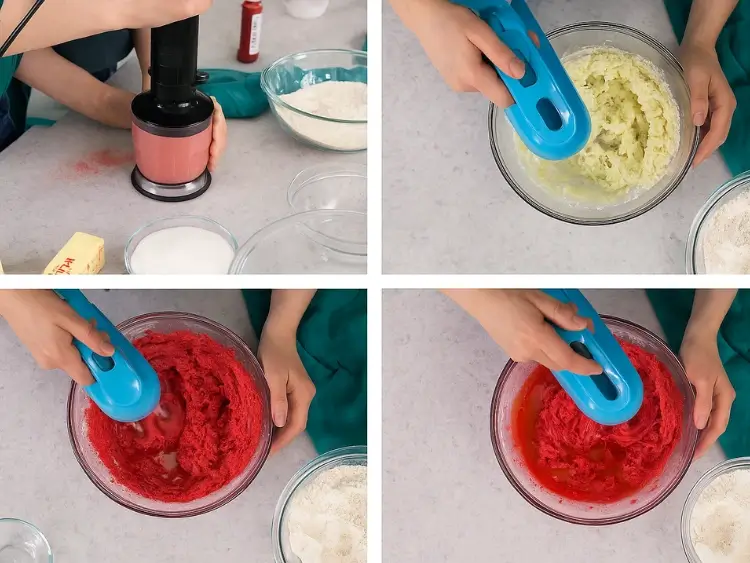 Step-by-step preparation of strawberry sugar cookie dough using a hand mixer.