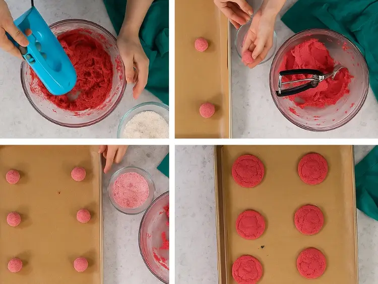 Rolling strawberry sugar cookie dough into balls and baking them.
