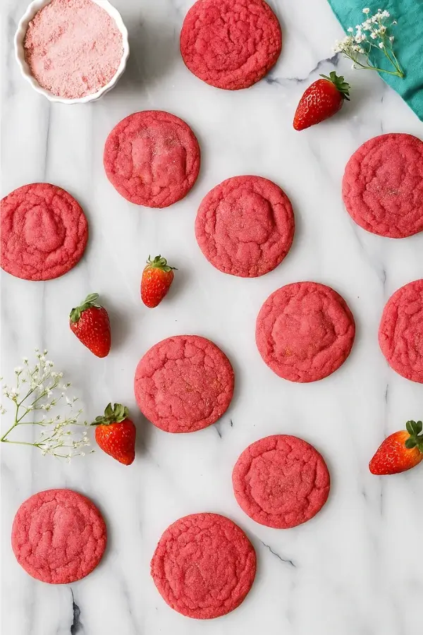 Overhead shot of multiple strawberry sugar cookies with strawberries on marble.
