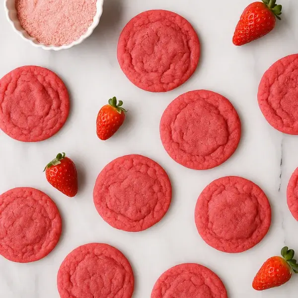 Round strawberry sugar cookies with strawberries and pink sugar in frame.