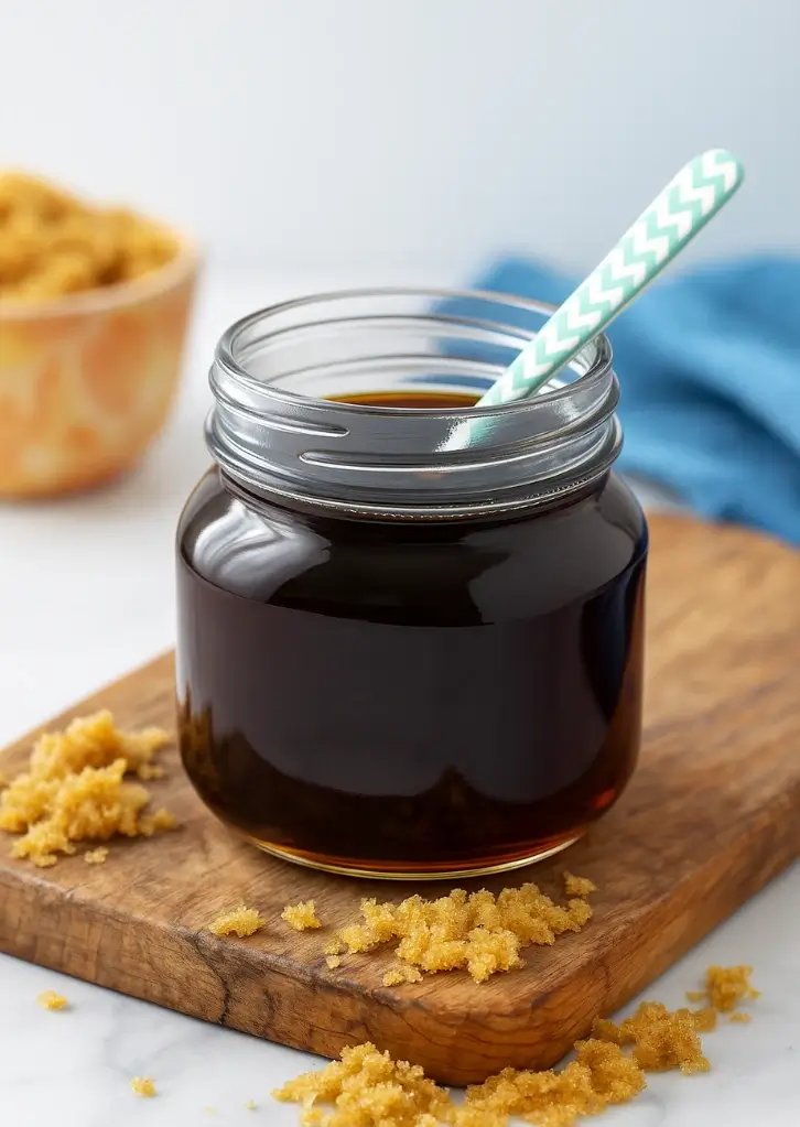 Homemade brown sugar syrup in a glass jar with straw