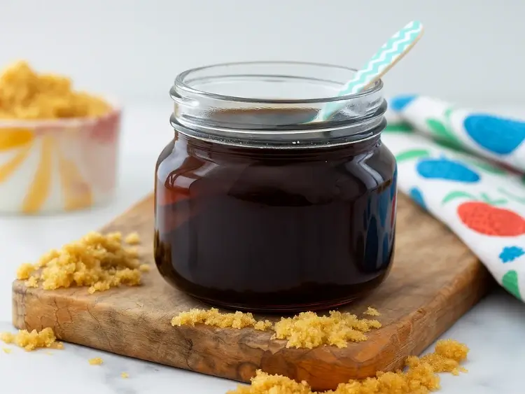 Close-up of homemade syrup jar with sugar scattered