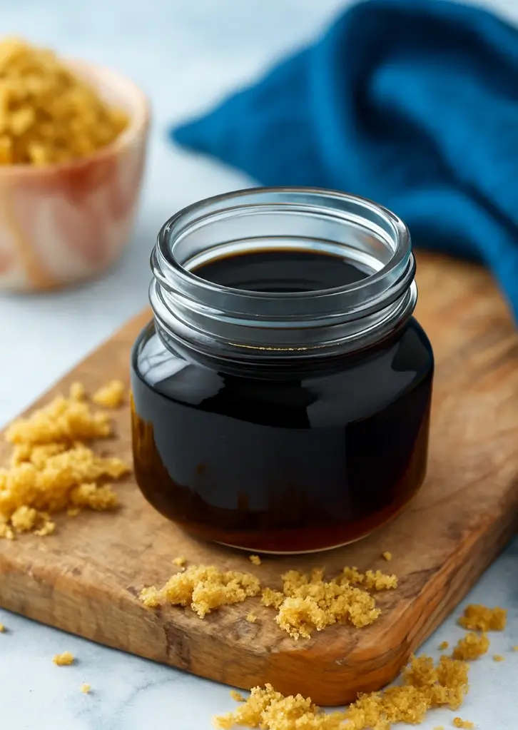 Jar of homemade brown sugar syrup with sugar crumbs