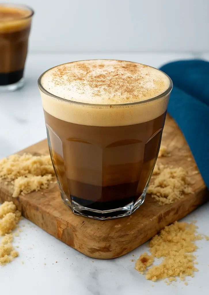 Foamy latte topped with cinnamon and syrup