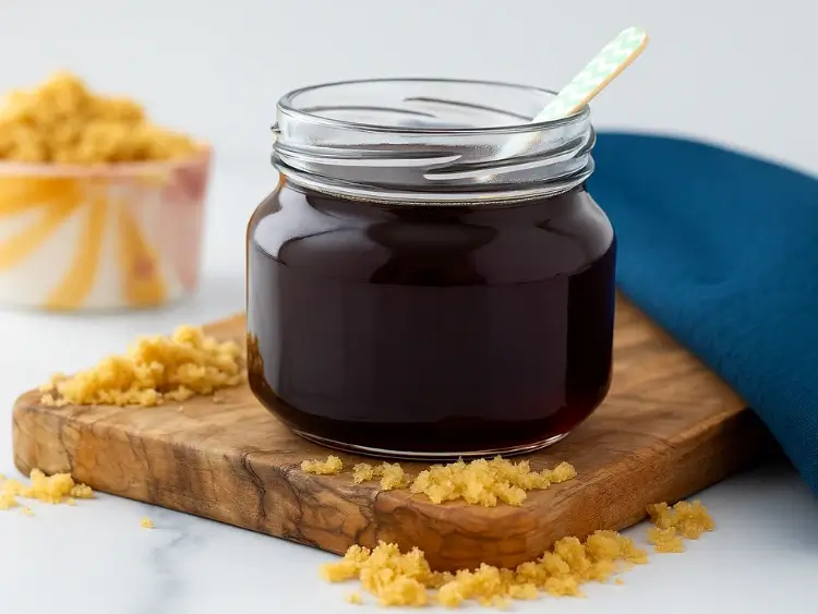 Jar of brown sugar syrup with colorful towel