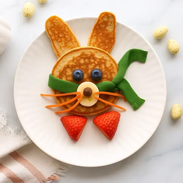 Decorated bunny pancake with scarf and fruit accents