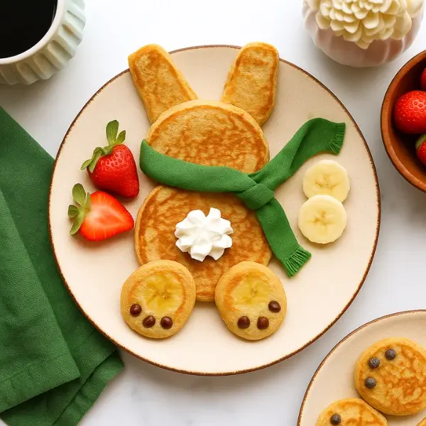 Bunny pancakes with scarf and whipped cream tail