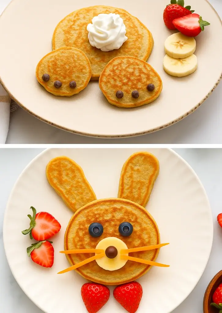 Bunny pancake variations with whipped cream tail and fruit sides