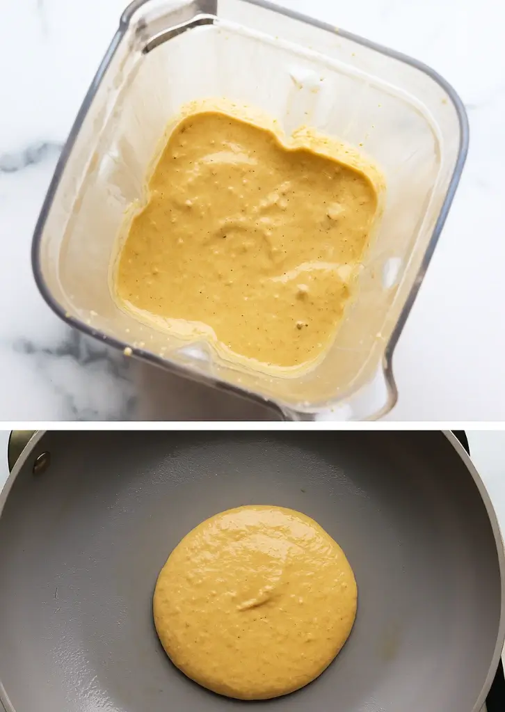 Bunny pancake batter in blender and cooking in skillet