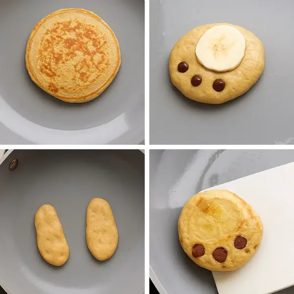 Bunny pancake parts cooking in pan with chocolate chip details