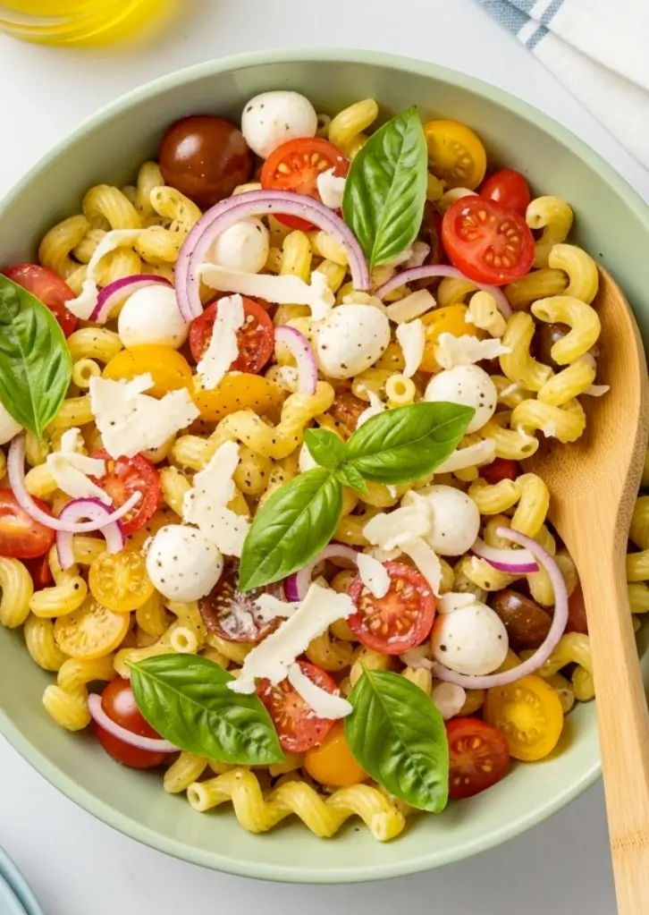 Caprese Pasta Salad served in a green bowl with basil, mozzarella, and cherry tomatoes