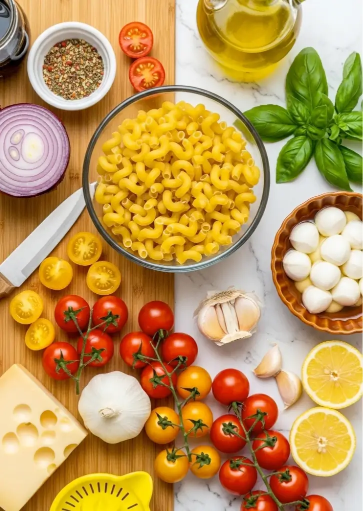 Ingredients for Caprese Pasta Salad including pasta, tomatoes, basil, mozzarella, lemon, and garlic