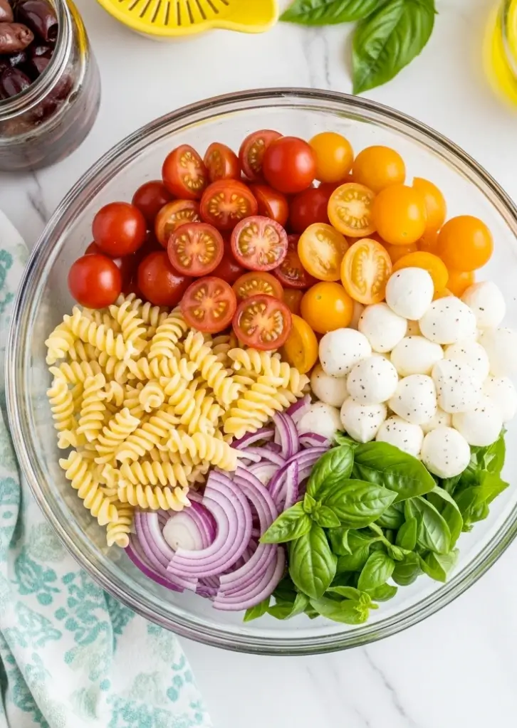 Caprese Pasta Salad ingredients layered in a clear mixing bowl