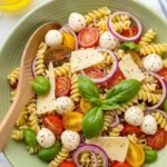 Caprese Pasta Salad in a green bowl with mozzarella, tomatoes, and basil