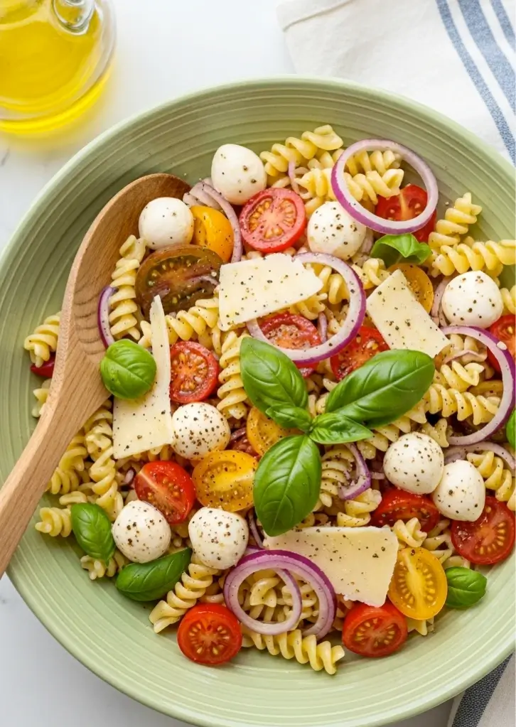 Caprese Pasta Salad in a green bowl with mozzarella, tomatoes, and basil