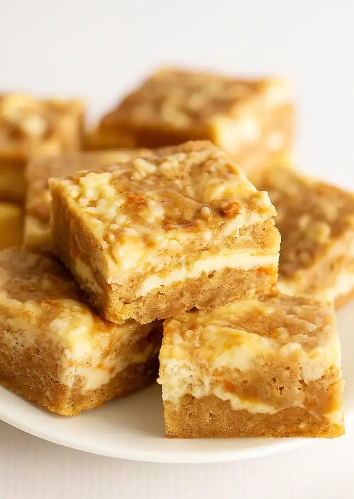 Sliced carrot cake bars stacked on a plate