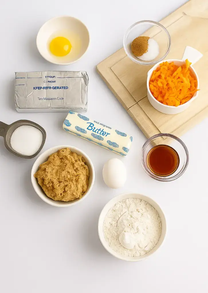 Flat lay of all ingredients for carrot cake bars