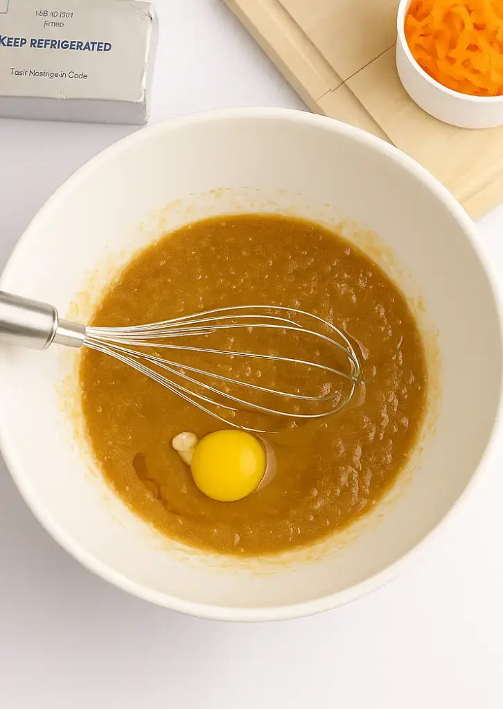 Whisking egg into melted butter mixture