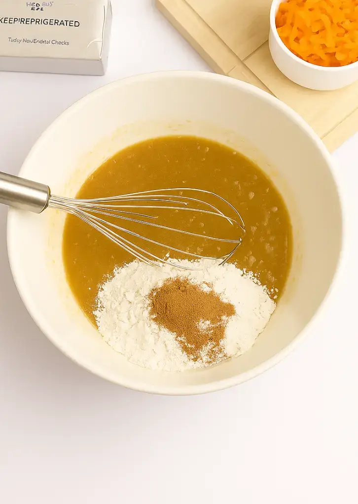 Adding dry ingredients to wet mixture in bowl