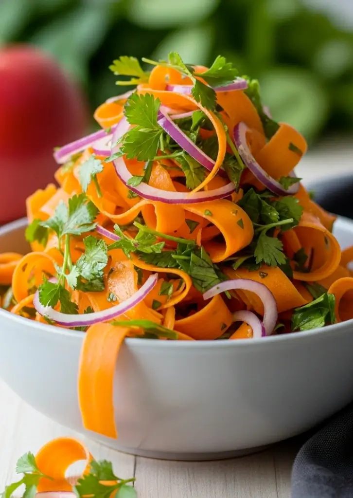 Fresh carrot ribbon salad with parsley and red onion in a white bowl