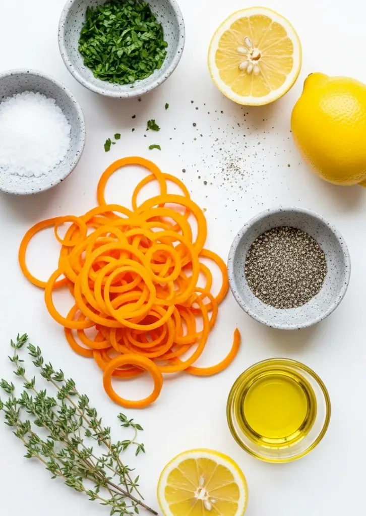 Ingredients for carrot ribbon salad including lemon, herbs, carrots, and spices