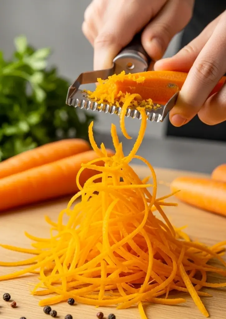 Hand peeling fresh carrots into thin ribbons for carrot ribbon salad