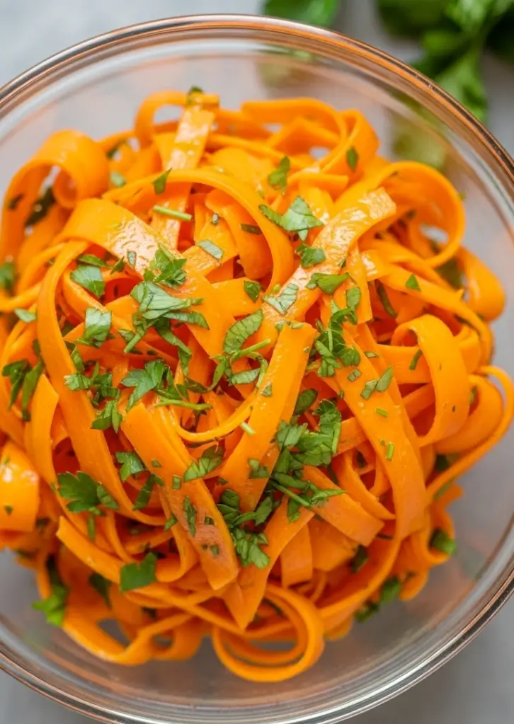 Bowl of carrot ribbons mixed with fresh parsley and seasoning