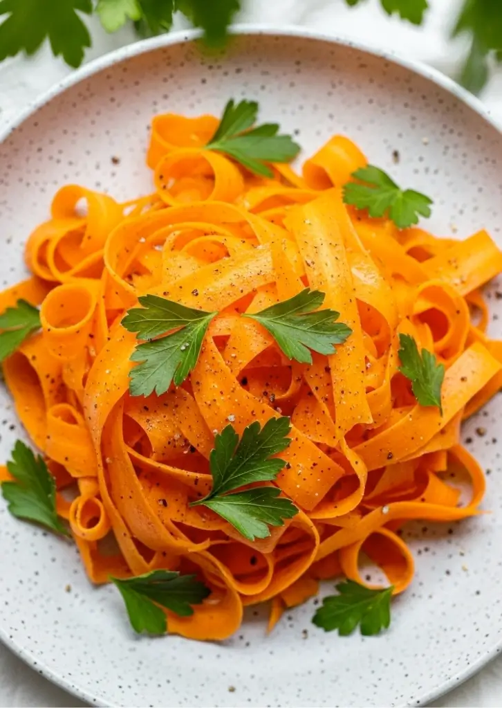 Carrot ribbon salad plated with parsley on a white speckled dish