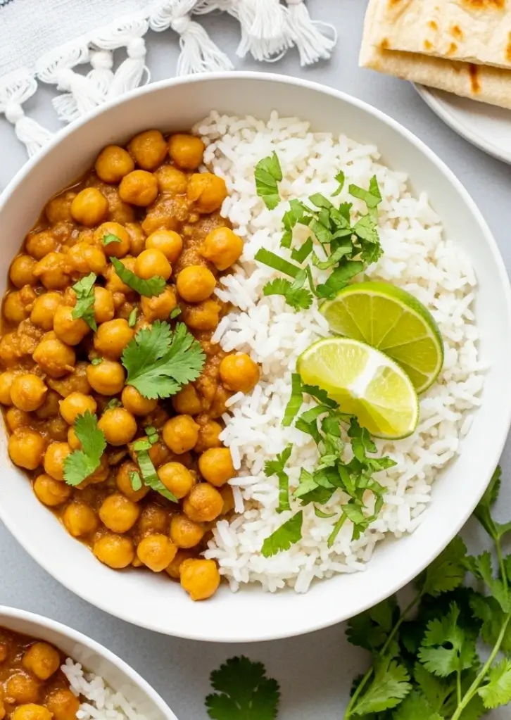 Express Chickpea Curry served with basmati rice, fresh cilantro, and lime