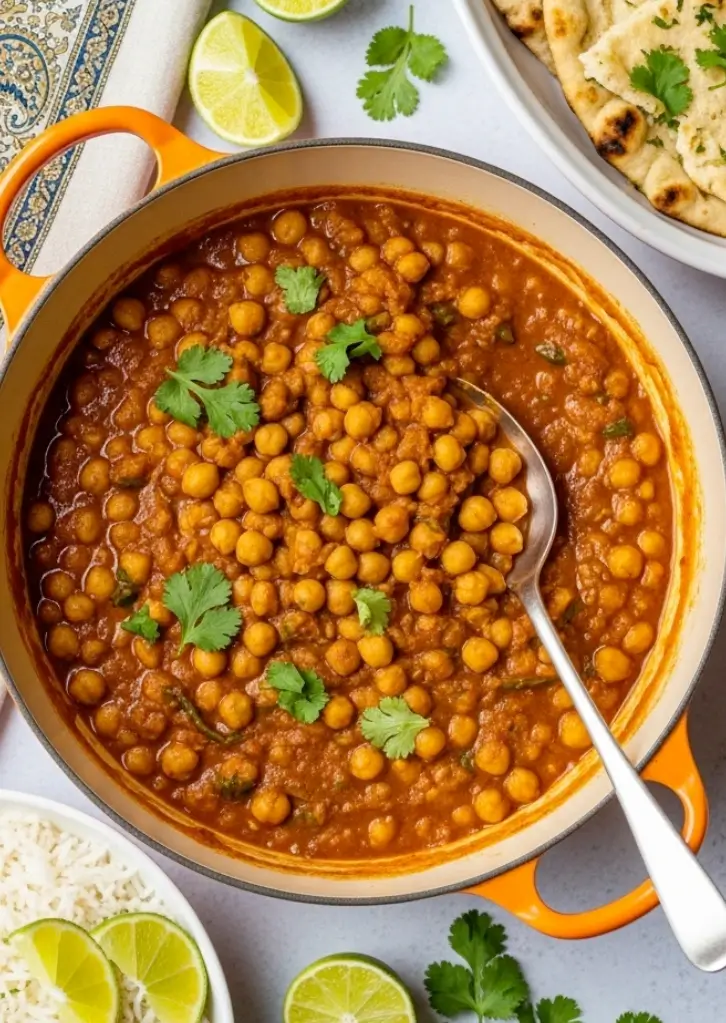 Express Chickpea Curry simmering in an orange Dutch oven with fresh cilantro garnish