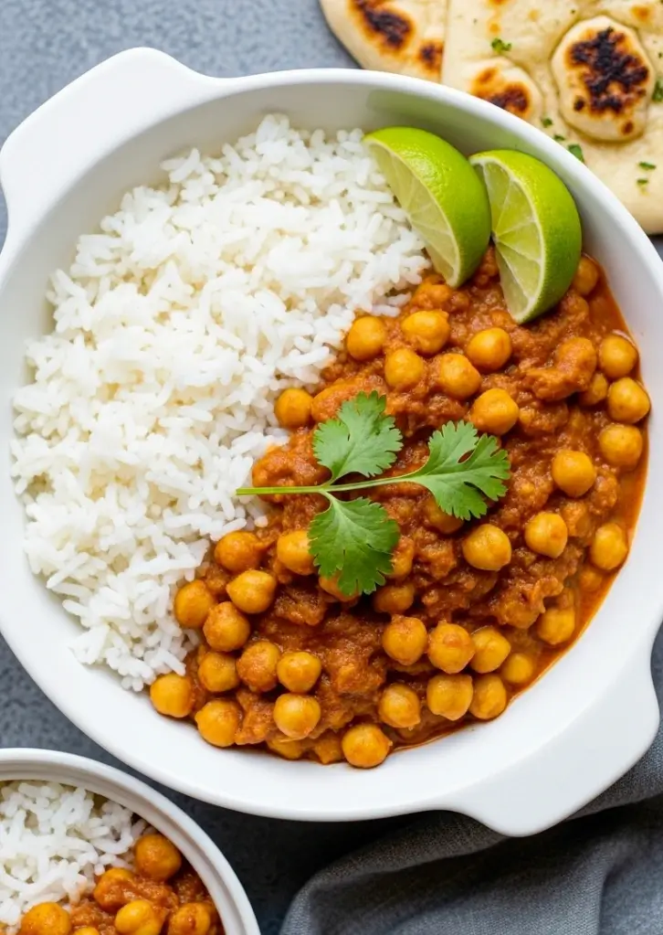 Express Chickpea Curry served with white rice, lime wedges, and naan