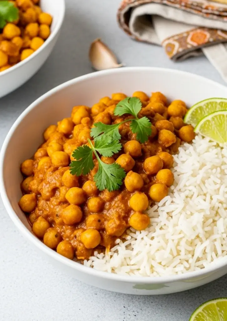 Express Chickpea Curry with fluffy white rice, lime wedges, and cilantro in a white bowl